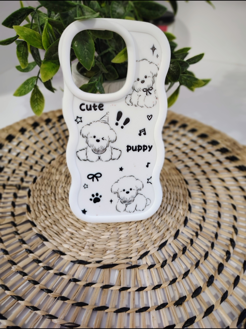 White Silicone iPhone Case 15 Pro with Cute Puppy Print